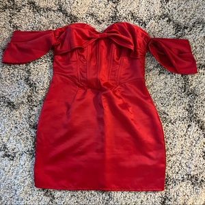 Pretty Little Thing Red Satin Bardot Corset Bodycon